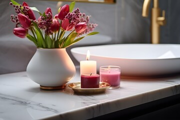 interior design, Beautiful flowers and candle on countertop in bathroom. created generative ai.