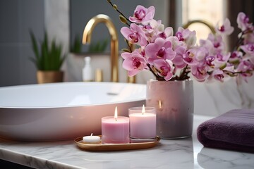 Obraz na płótnie Canvas interior design, Beautiful flowers and candle on countertop in bathroom. created generative ai.