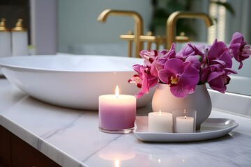 Fototapeta na wymiar interior design, Beautiful flowers and candle on countertop in bathroom. created generative ai.