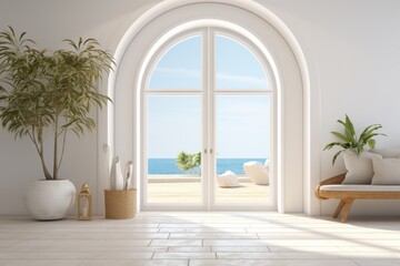 Fototapeta na wymiar Interior design of modern villa, with doors and windows to balcony. Generative AI.