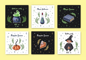 Halloween postcards and invitations. Greeting cards with Magic items. Witchcraft and Magic. Vector.