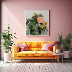 Modern pink interior with sofa and poster mockup with frame on empty wall in living room interior with yellow sofa and pillows. Template. Generative AI.