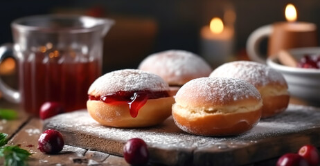 Fresh donuts with red jelly jam and fresh cherries, generative AI.