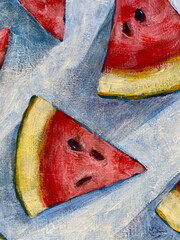 Watermelon. Fruit abstraction of watermelon. Juicy cut watermelon on the surface Illuminated by the rays of the sun. 