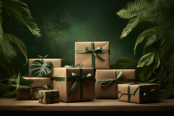 Simple kraft eco-friendly cardboard boxes surrounded by green leaves, plants and jungle. Creative concept of eco-friendly packaging, nature protection, paper recycling. Generative AI.