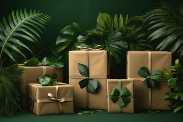 Simple kraft eco-friendly cardboard boxes surrounded by green leaves, plants and jungle. Creative concept of eco-friendly packaging, nature protection, paper recycling. Generative AI.
