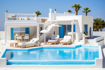 Traditional mediterranean white house with pool. Summer vacation background. Generative AI.