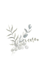 Grey and dusty green watercolor eucalyptus bouquet. Spring and winter botanical illustration for wedding, greeting card, wreath, website. Botanical foliage on white  background
