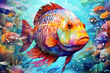 Large multicolor fish swimming in turquoise sea water close up. Watercolor painting.