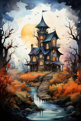 A painting of a house in the woods. Generative AI. Spooky Halloween haunted house.