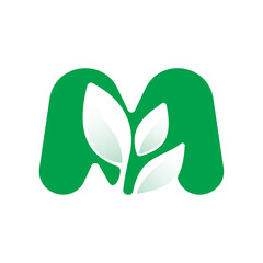 M letter eco logo with green leaves. Negative space agriculture icon. Lush foliage emblem. Vector template for seeds growing company, summer posters, waste recycling identity, nature friendly labels.