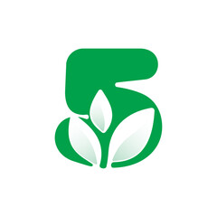 5 eco logo. Number five with green leaves. Negative space agriculture icon. Lush foliage emblem. Vector template for seeds growing company, summer posters, waste recycling identity, nature labels.
