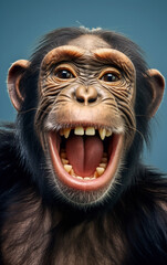 A friendly chimpanzee in the foreground laughs with his mouth open