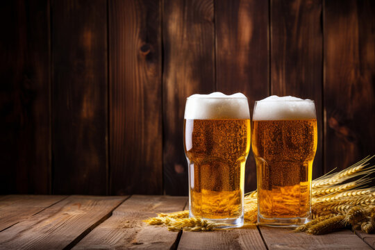 Golden amber beer against a rustic wooden background with wheat