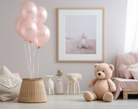 Cozy interior of child room, mock up poster frame, toys, plush animal, decoration with balloons. Pink colors. Warm kid space. Template. Generative AI.