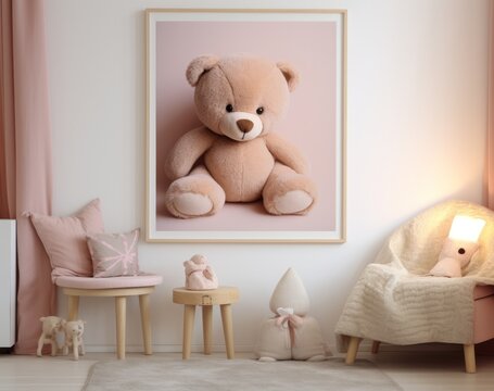 Cozy interior of child room, mock up poster frame, toys, plush animal, decoration. Pink colors. Warm kid space. Template. Generative AI.