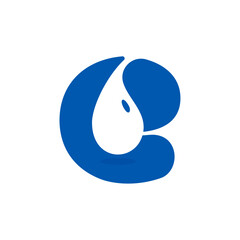 E letter eco logo with blue water dew drops. Negative space icon. Spring water emblem. Vector template for pure drink company, swimming posters, waste recycling identity, fight against drought adv.