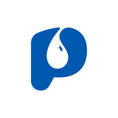 P letter eco logo with blue water dew drops. Negative space icon. Spring water emblem. Vector template for pure drink company, swimming posters, waste recycling identity, fight against drought adv.