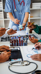 Businessman shaking hands with doctor in conference room Doctor and pharmacist shaking hands in medical office Salesman with new medicines shaking hands in hospital with medical team