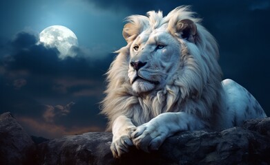 Majestic Male White Lion of Africa in the Dark with a moon. Generative AI.