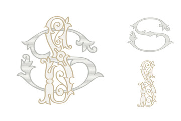S letter wedding monogram creator kit. Elegant historical style alphabet for party invitations. This set includes Wide and Narrow capitals for your own emblem. Find full set in my profile.