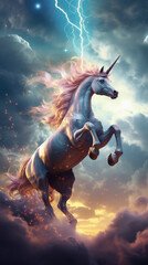 A picture of a unicorn that is jumping in the air. Generative AI.