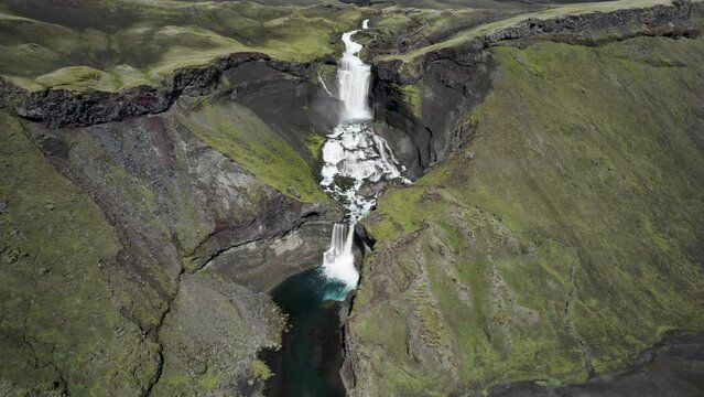 Aerial view of Ofaerufoss waterfall, Skaftarhreppur, Eldgja in the western part of Vatnajokull National Park, Iceland.