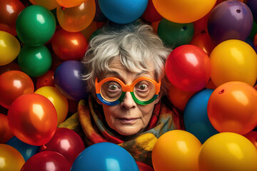 Fototapeta na wymiar funny grandmother with multicolor balloons, concept of happy age. Generative Ai