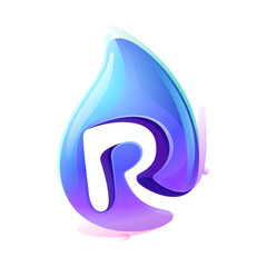 Pure water drop R letter logo. Eco-friendly 3D realistic icon. Wild wave initial in overlapping watercolor style. Dew droplet for healthy drink bottle emblem. Font for filter labels, nature posters.