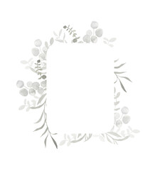 Trendy Grey and dusty green watercolor eucalyptus square frame banner. Spring and winter botanical border illustration for wedding, greeting card, wreath. Botanical foliage on white background