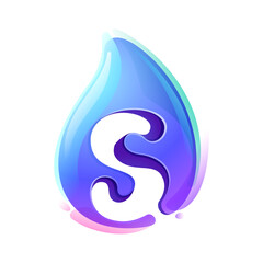 Pure water drop S letter logo. Eco-friendly 3D realistic icon. Wild wave initial in overlapping watercolor style. Dew droplet for healthy drink bottle emblem. Font for filter labels, nature posters.