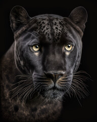 Generated photorealistic portrait of a wild black panther in black and white