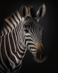 Generated photorealistic close-up portrait of a wild zebra  