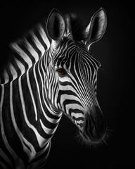 Generated photorealistic close-up portrait of a wild zebra  in black and white