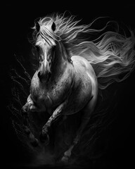 Obraz na płótnie Canvas Generated photorealistic portrait of a running white horse with a developing mane in black and white format