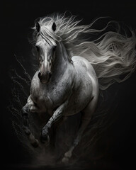 Generated photorealistic portrait of a running white horse with a developing mane