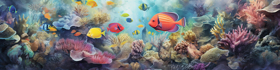 Wide banner imaged seabed with color fish and multicolor corals. Bright watercolor drawing.