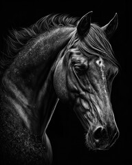 Generated photorealistic portrait of a dark horse in black and white