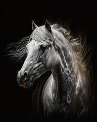 Generated photorealistic portrait of a white horse with a developing mane