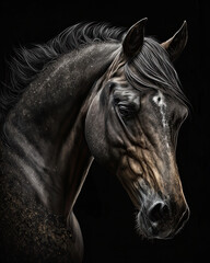 Generated photorealistic portrait of a bay horse in black and white