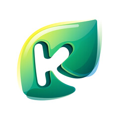 K letter eco logo. Green leaf carving. 3D realistic icon. Environment friendly forest initial in watercolor style. Font for botanical labels, floral headlines, recycle posters, organic cards.