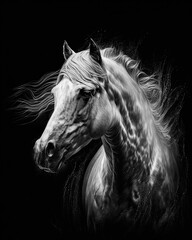 Generated photorealistic portrait of a white horse with a developing mane in black and white format