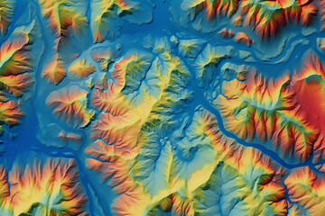 Fototapeta na wymiar Digital elevation model. GIS product made with generative AI technology. It shows high rocky and steep mountain peaks. At their feet are visible valleys and mountain lakes