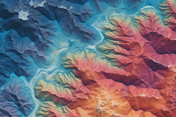 Digital elevation model. GIS product made with generative AI technology. It shows high rocky and steep mountain peaks. At their feet are visible valleys and mountain lakes - obrazy, fototapety, plakaty