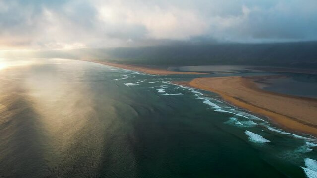 Aerial view of Radisandur coastline with sand, Westfjords, Iceland.
