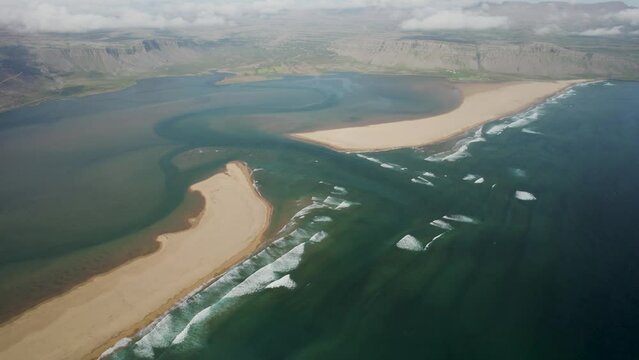 Aerial view of Radisandur coastline with sand, Westfjords, Iceland.