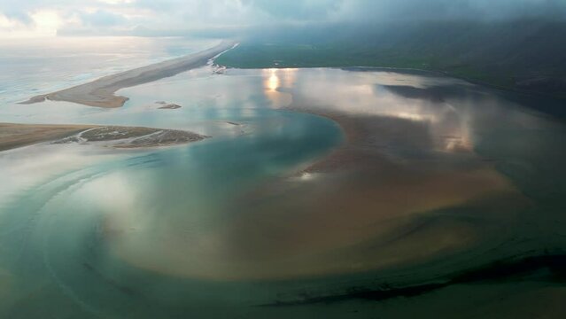 Aerial view of Radisandur coastline with sand, Westfjords, Iceland.