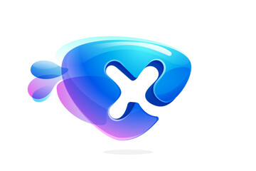 X letter logo made of spring water and dew drops. Environment friendly initial. Pure eco emblem in overlapping watercolor style. 3D realistic icon in round triangle arrow shape. Vector play button.