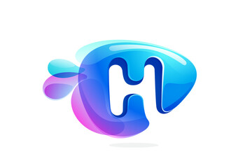 H letter logo made of spring water and dew drops. Environment friendly initial. Pure eco emblem in overlapping watercolor style. 3D realistic icon in round triangle arrow shape. Vector play button.