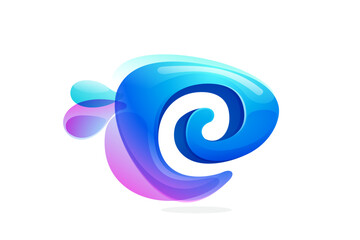 E letter logo made of spring water and dew drops. Environment friendly initial. Pure eco emblem in overlapping watercolor style. 3D realistic icon in round triangle arrow shape. Vector play button.